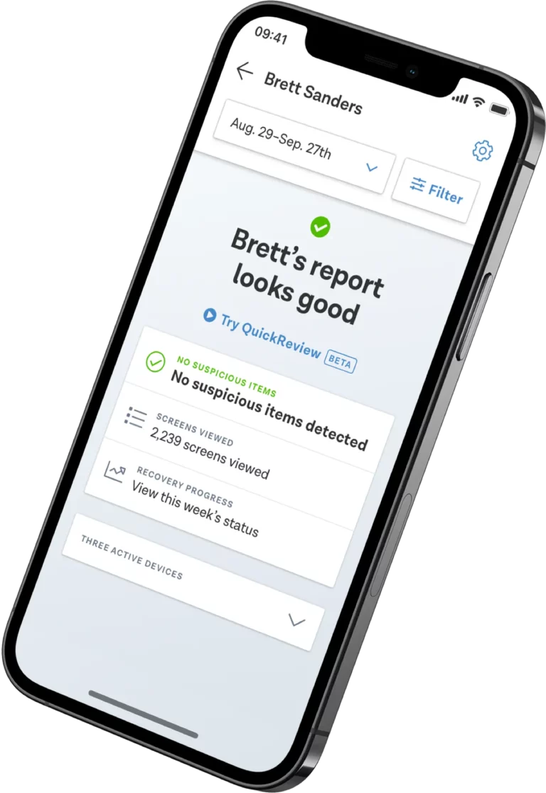 iPhone showing an Ever Accountable report for Brett Sanders: "Brett's report looks good", no suspicious items detected, 2,239 screens viewed, three active devices