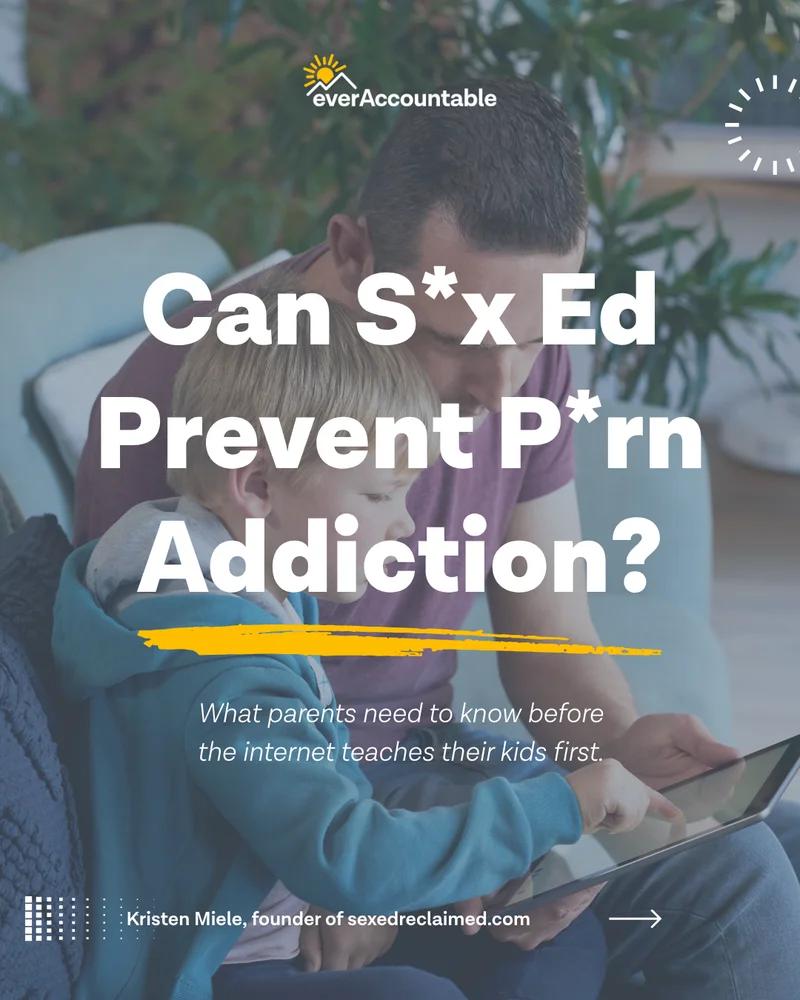 Parent and child looking at a tablet together — can sex ed prevent porn addiction? Good sex ed helps prevent porn addiction by giving kids a framework before the internet does. Ever Accountable online digital safety app for parents.