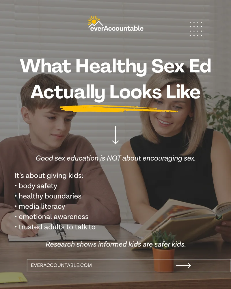 Parent and teen studying together — can sex ed prevent porn addiction? Good sex ed helps prevent porn addiction by teaching body safety, healthy boundaries, and media literacy. Ever Accountable online digital safety app for parents.