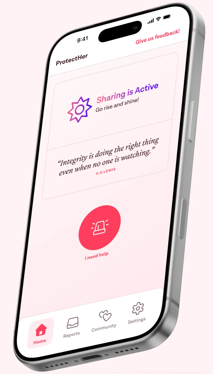 The ProtectHer app on an iPhone, showing sharing active, a daily quote and the I need help button