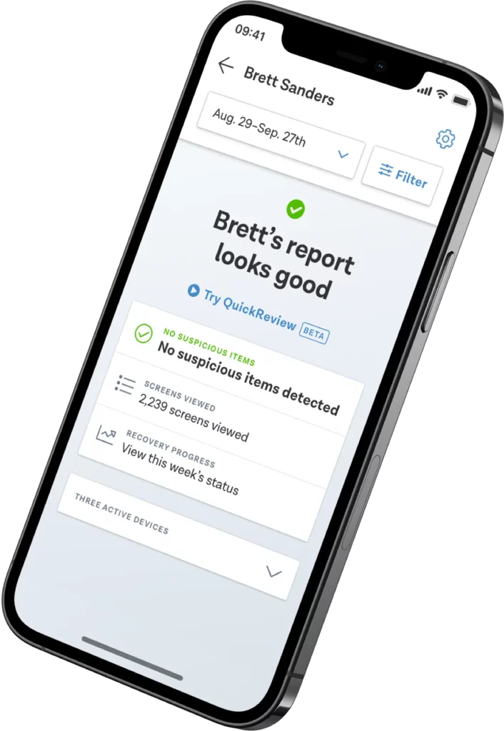 ProtectHer iPhone app showing accountability partner report